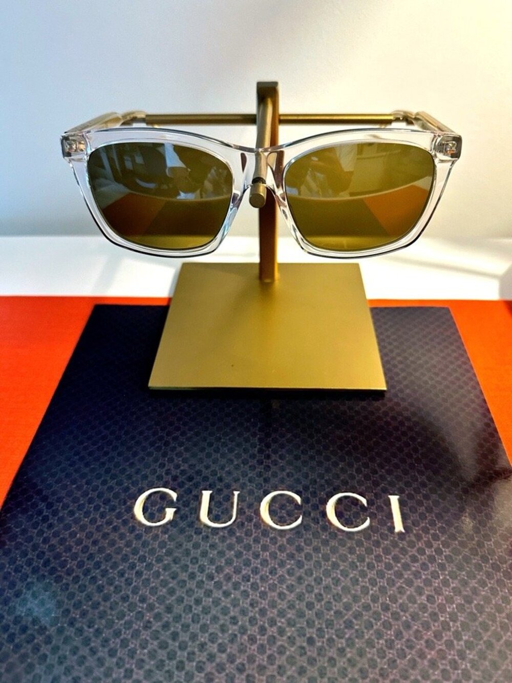 Gucci GG0558S 006 Transparent Sqaure Contemporary Sunglasses Gold Accent